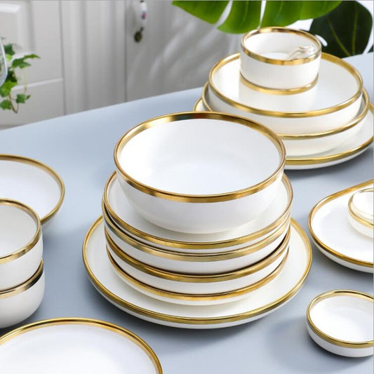White Gold Inlay Nordic Style Household Hotel Ceramic Tableware High End Porcelain Dinnerware Set Bowl Dish Plate Wholesale