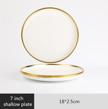 White Gold Inlay Nordic Style Household Hotel Ceramic Tableware High End Porcelain Dinnerware Set Bowl Dish Plate Wholesale