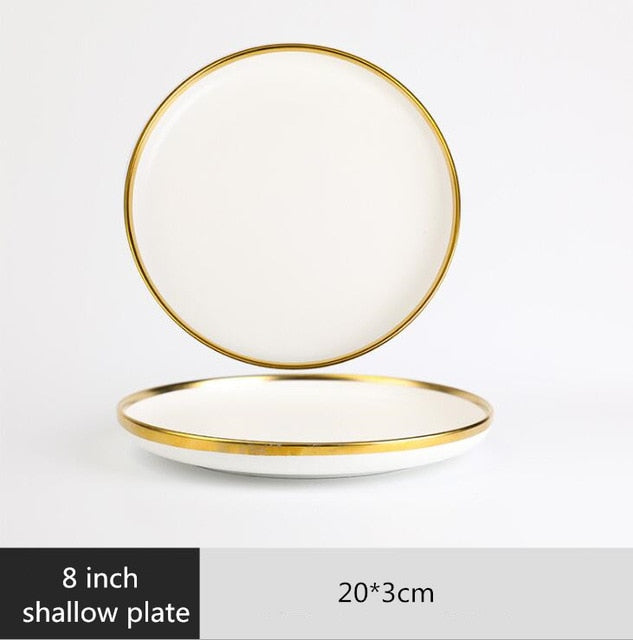 White Gold Inlay Nordic Style Household Hotel Ceramic Tableware High End Porcelain Dinnerware Set Bowl Dish Plate Wholesale