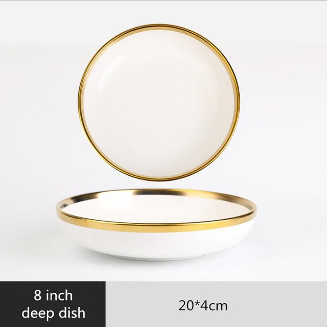 White Gold Inlay Nordic Style Household Hotel Ceramic Tableware High End Porcelain Dinnerware Set Bowl Dish Plate Wholesale