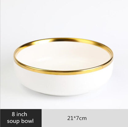 White Gold Inlay Nordic Style Household Hotel Ceramic Tableware High End Porcelain Dinnerware Set Bowl Dish Plate Wholesale