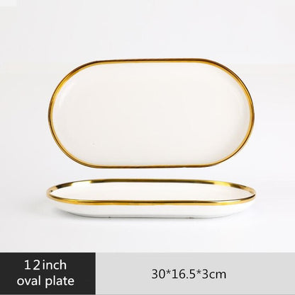 White Gold Inlay Nordic Style Household Hotel Ceramic Tableware High End Porcelain Dinnerware Set Bowl Dish Plate Wholesale