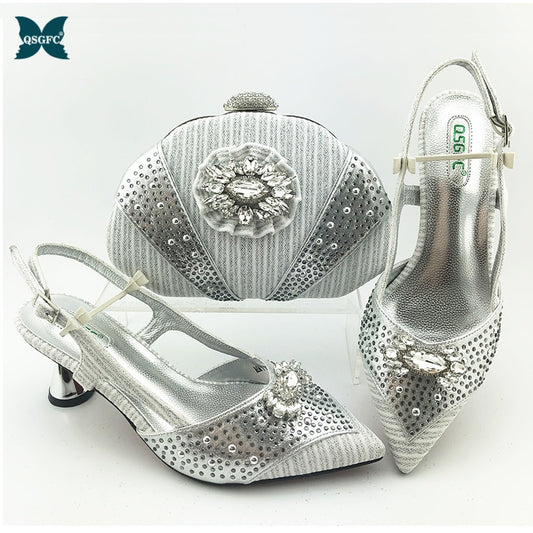 Newest Fashion African Silver Color Shoes and Bag Set for Party Italian design Shoes with Matching Bags 2020 Designer Shoe