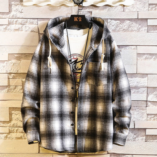 Casual Brand With Hooded Plaid Men' Fleece Shirts Long Sleeves 2020 New Spring Autumn Shirt OverSize M-6XL