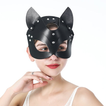 CEA Goth Leather Mask BDSM Cat Mask Leather Fetish Mature Women Rave Carnival Cat Woman Face Cosplay Cat Fun Erotic Chain Mask