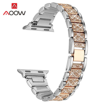 Stainless Steel Strap for Apple Watch 4 5 38mm 42mm 40mm 44mm Rose Pink Diamond Jewelry Women Metal Bracelet Band for iwatch 123