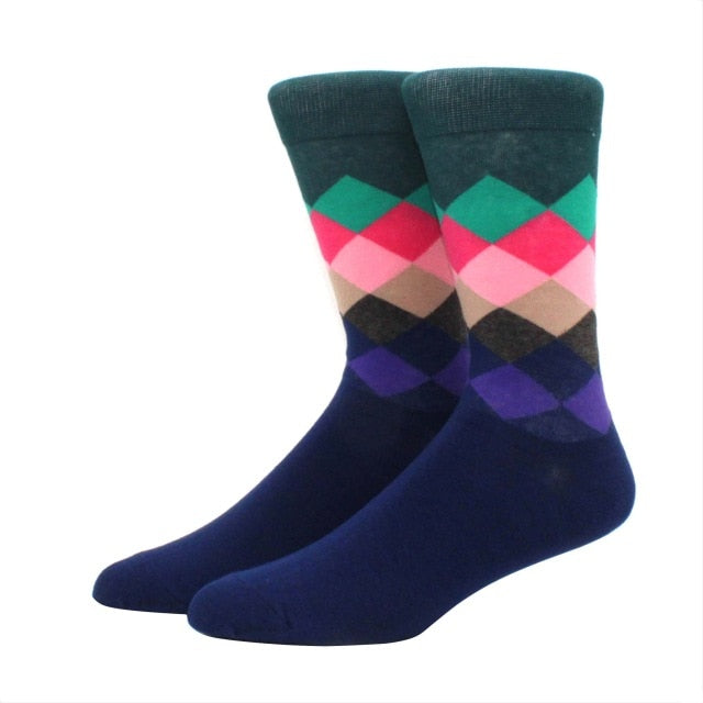 Men's Funny Happy Socks Fine Paragraph Diamond Pattern Argyle Three-dimensional Tube Geometric Funny Large size Combed Cotton
