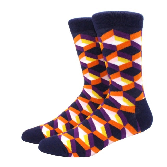 Men's Funny Happy Socks Fine Paragraph Diamond Pattern Argyle Three-dimensional Tube Geometric Funny Large size Combed Cotton