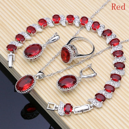 Natural 925 Silver Jewelry Red Birthstone Charm Jewelry Sets Women Earrings/Pendant/Necklace/Ring/Bracelets T055