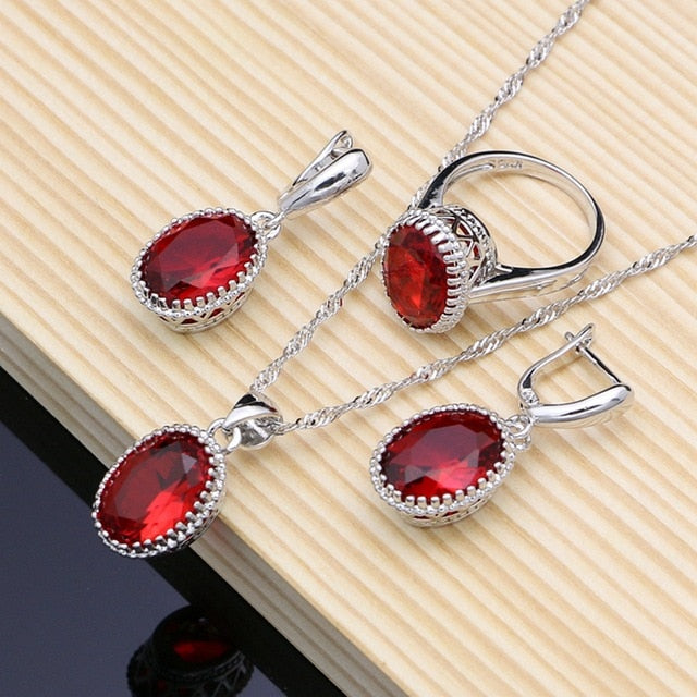 Natural 925 Silver Jewelry Red Birthstone Charm Jewelry Sets Women Earrings/Pendant/Necklace/Ring/Bracelets T055