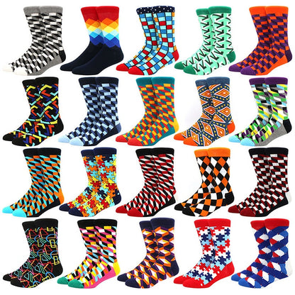 Men's Funny Happy Socks Fine Paragraph Diamond Pattern Argyle Three-dimensional Tube Geometric Funny Large size Combed Cotton
