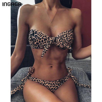 INGAGA 2020 Bandeau Bikinis 2020 Swimsuits Leopard Swimwear Women Summer Brazilian Bikini Set High Cut Biquini Bathing Suits