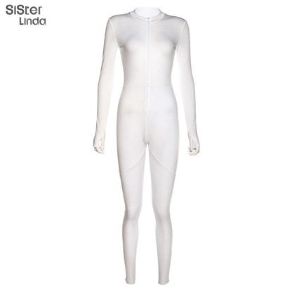 Sisterlinda White Rompers Womens Jumpsuits Elegant Long Sleeve Overalls Night Party Zipper Playsuits Slim Outifts Streetwear2020