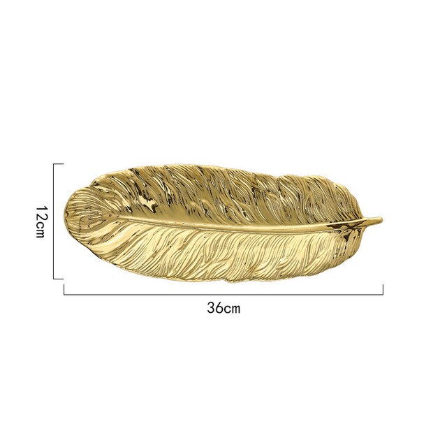 1 Pcs Nordic Gold Feather Shape Ceramic Tray Jewelry Plate Dessert Tray Kitchen Dinnerware Tabletop Decoration Accessories