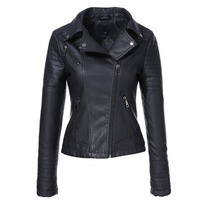 AORRYVLA New Spring Autumn Women's Moto Biker Zipper Jacket Turn Down Collar Black PU Faux Leather Jacket Slim Lady Basic  Coat