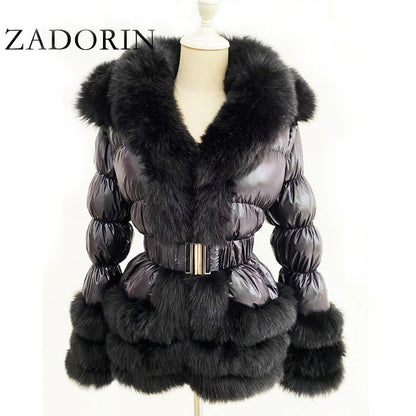 ZADORIN 2020 Winter Warm Detachable Down Jacket Women Furry FAUX Fur Collar White Duck Down Jacket Winter Down Coat With Hooded