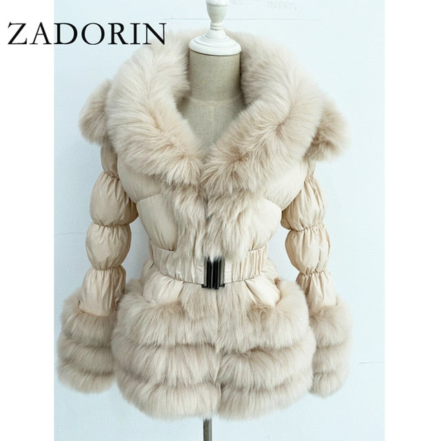 ZADORIN 2020 Winter Warm Detachable Down Jacket Women Furry FAUX Fur Collar White Duck Down Jacket Winter Down Coat With Hooded