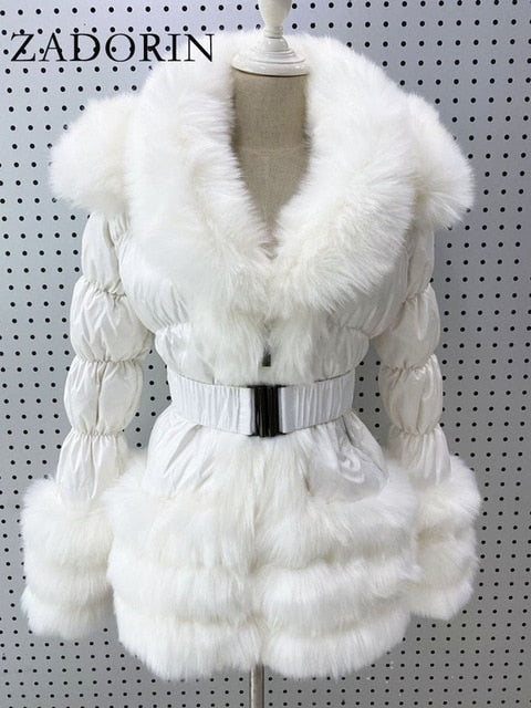 ZADORIN 2020 Winter Warm Detachable Down Jacket Women Furry FAUX Fur Collar White Duck Down Jacket Winter Down Coat With Hooded