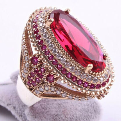 Gorgeous Large Oval Red Stone Ring Luxury Filled CZ Weddings Rings For Women Engagement Fashion Jewelry Gifts Anillos Mujer