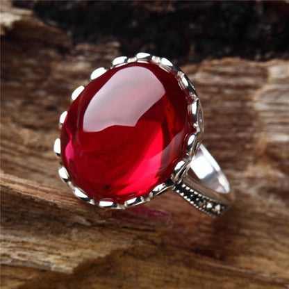 Gorgeous Large Oval Red Stone Ring Luxury Filled CZ Weddings Rings For Women Engagement Fashion Jewelry Gifts Anillos Mujer