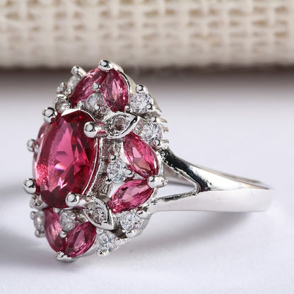 Gorgeous Large Oval Red Stone Ring Luxury Filled CZ Weddings Rings For Women Engagement Fashion Jewelry Gifts Anillos Mujer