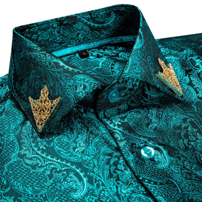 Brand New Fashion Paisley Men Shirt Business Casual Long Sleeve Silk Shirts Slim Fit Male Social Dress Shirts Collar Pin DiBanGu