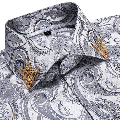 Brand New Fashion Paisley Men Shirt Business Casual Long Sleeve Silk Shirts Slim Fit Male Social Dress Shirts Collar Pin DiBanGu