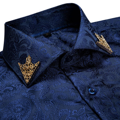 Brand New Fashion Paisley Men Shirt Business Casual Long Sleeve Silk Shirts Slim Fit Male Social Dress Shirts Collar Pin DiBanGu