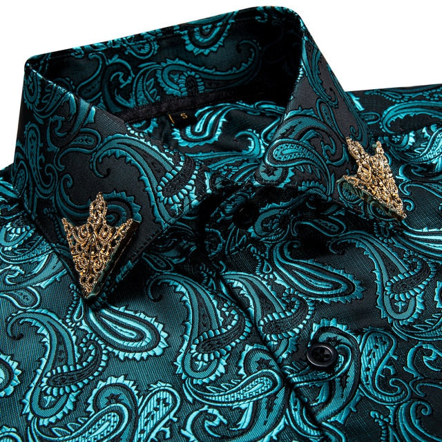 Brand New Fashion Paisley Men Shirt Business Casual Long Sleeve Silk Shirts Slim Fit Male Social Dress Shirts Collar Pin DiBanGu