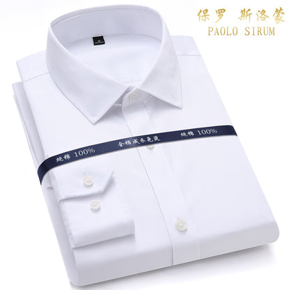 Top Quality Mens Formal Dress Shirts Long Sleeve White Pure Cotton Business Slim Fit Plus Size Office Non Iron Blouse