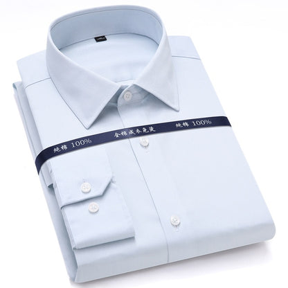Top Quality Mens Formal Dress Shirts Long Sleeve White Pure Cotton Business Slim Fit Plus Size Office Non Iron Blouse