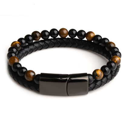New Fashion Men Jewelry Natural Stone Genuine Leather Bracelet Black Stainless Steel Magnetic Clasp Tiger eye Bead Bracelet Men