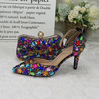 Women wedding shoes with matching bags Multicolored Crystal Thick High heels Ladies Party Dress shoes women Pumps super big size
