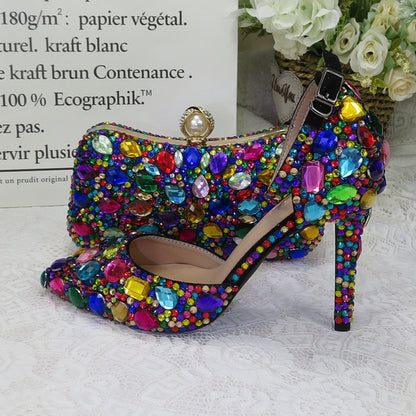 Women wedding shoes with matching bags Multicolored Crystal Thick High heels Ladies Party Dress shoes women Pumps super big size