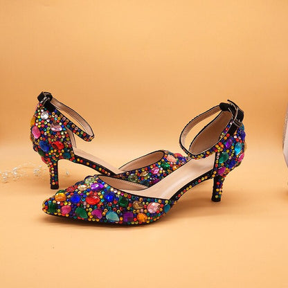 Women wedding shoes with matching bags Multicolored Crystal Thick High heels Ladies Party Dress shoes women Pumps super big size