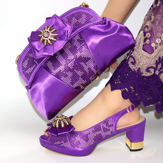 doershow beautiful Shoes and Bag Set African Sets 2020 purple Color Italian Shoe Bag Set Decorated with Rhinestone! SIM1-28