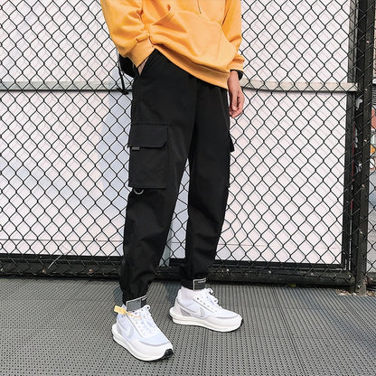 Men's Side Pockets Cargo Harem Pants 2021 Ribbons Black Hip Hop Casual Male Joggers Trousers Fashion Casual Streetwear Pants