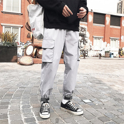 Men's Side Pockets Cargo Harem Pants 2021 Ribbons Black Hip Hop Casual Male Joggers Trousers Fashion Casual Streetwear Pants
