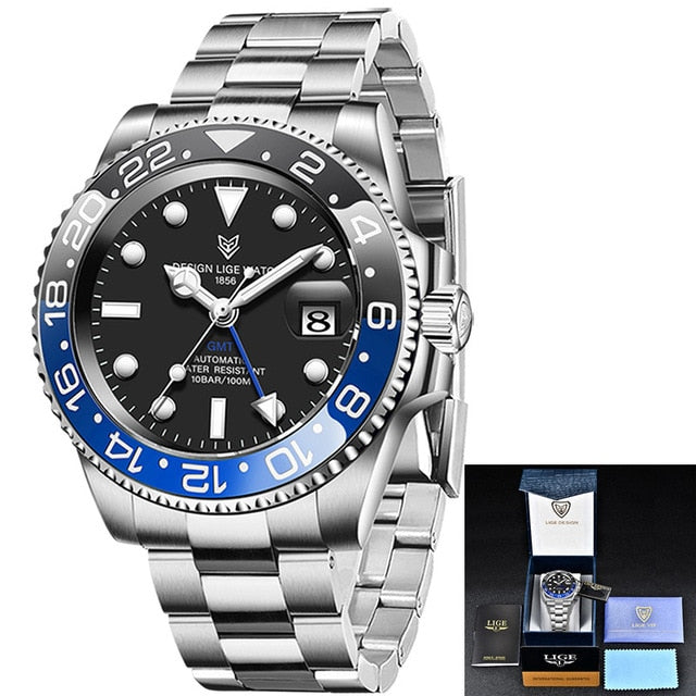 2020 New LIGE Sapphire Watches For Men Luxury Brand Ceramic Bezel GMT Automatic Watch 100M Waterproof Sport Mechanical Men Watch