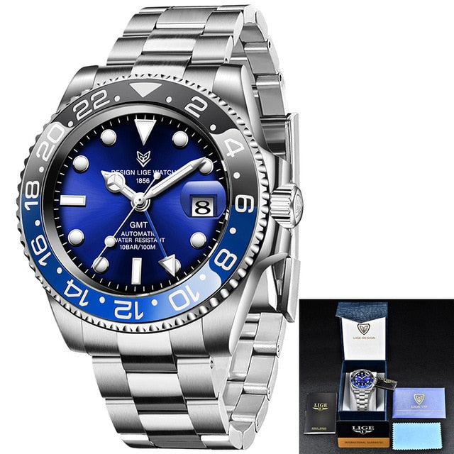2020 New LIGE Sapphire Watches For Men Luxury Brand Ceramic Bezel GMT Automatic Watch 100M Waterproof Sport Mechanical Men Watch
