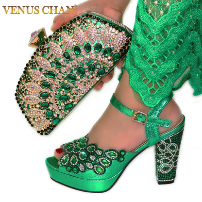 2020 NEW GREEN With Print Desgin Shoes And Evening Bag Set Hot Sale Sandal Shoes With Handbag  Heel Height 11.5CM