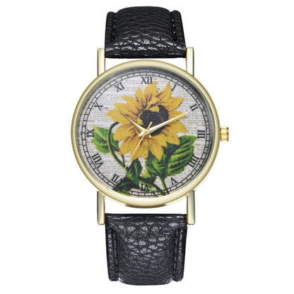 Simple Luxury PU Leather Watches Quartz Wrist Watches Sunflower Painting Women Ladies Couple Watch Clock Jewelry Popular Fi