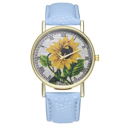 Simple Luxury PU Leather Watches Quartz Wrist Watches Sunflower Painting Women Ladies Couple Watch Clock Jewelry Popular Fi