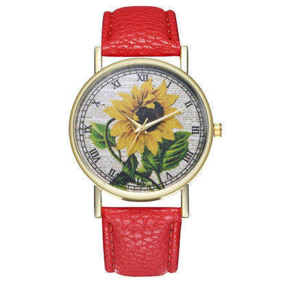 Simple Luxury PU Leather Watches Quartz Wrist Watches Sunflower Painting Women Ladies Couple Watch Clock Jewelry Popular Fi