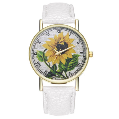 Simple Luxury PU Leather Watches Quartz Wrist Watches Sunflower Painting Women Ladies Couple Watch Clock Jewelry Popular Fi