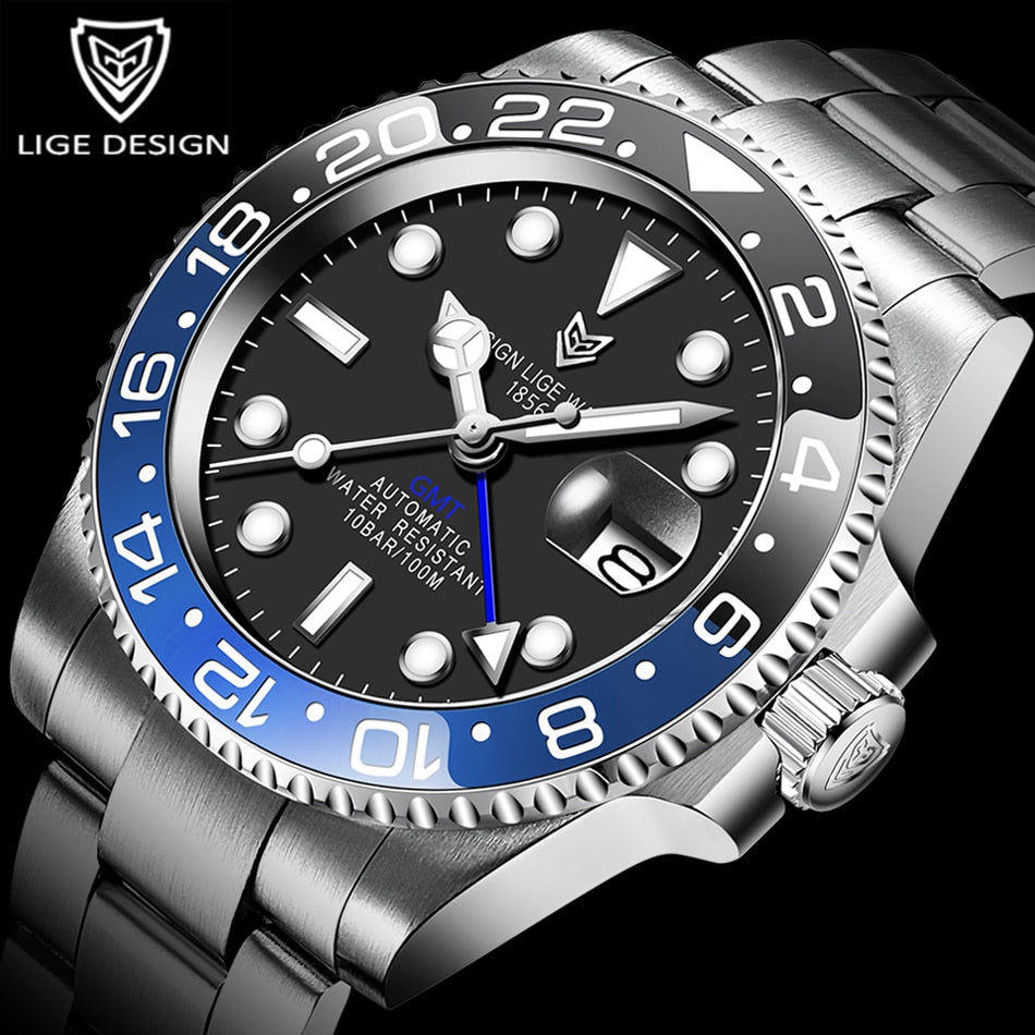 2020 New LIGE Sapphire Watches For Men Luxury Brand Ceramic Bezel GMT Automatic Watch 100M Waterproof Sport Mechanical Men Watch