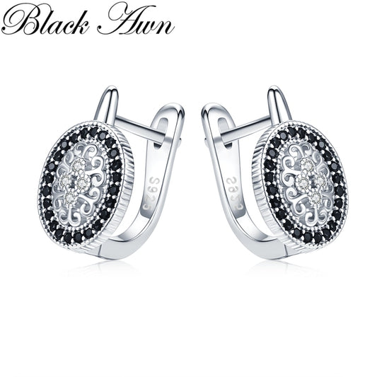Black Awn 2020 Classic 925 Sterling Silver Round Black Trendy Spinel Engagement Hoop Earrings for Women Fine Jewelry Bijoux I149