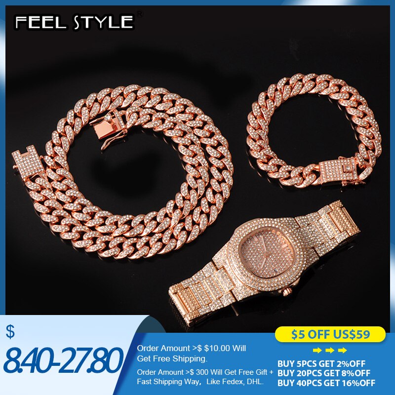 13MM 3pcs Rose Gold Necklace +Watch+Bracelet Hip Hop Miami Curb Cuban Chain Iced Out Paved Rhinestones CZ Bling For Men Jewelry