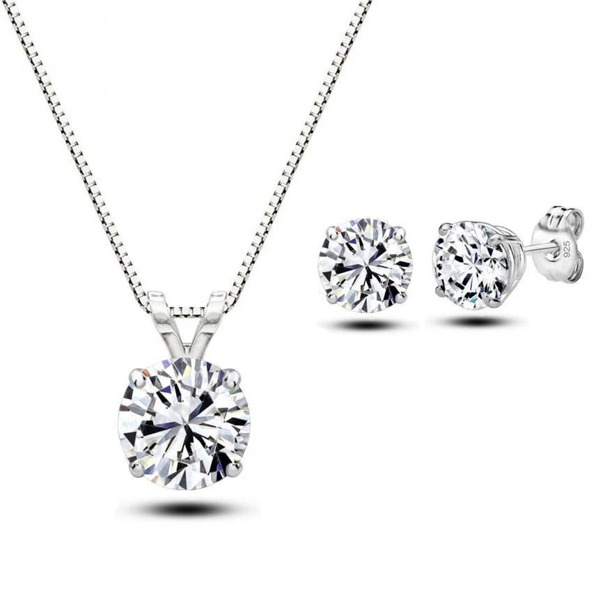 New 925 Sterling Silver Women's/Girl's CZ Crystal  Chain Necklace + Earrings Wedding Jewelry Sets Gifts