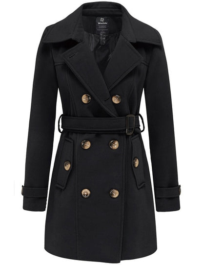 Wantdo Women Winter Trench Jacket Double Breasted Pea Coat With Belt Pockets Mid-Long Plaid Windbreaker Female Coat Outerwear
